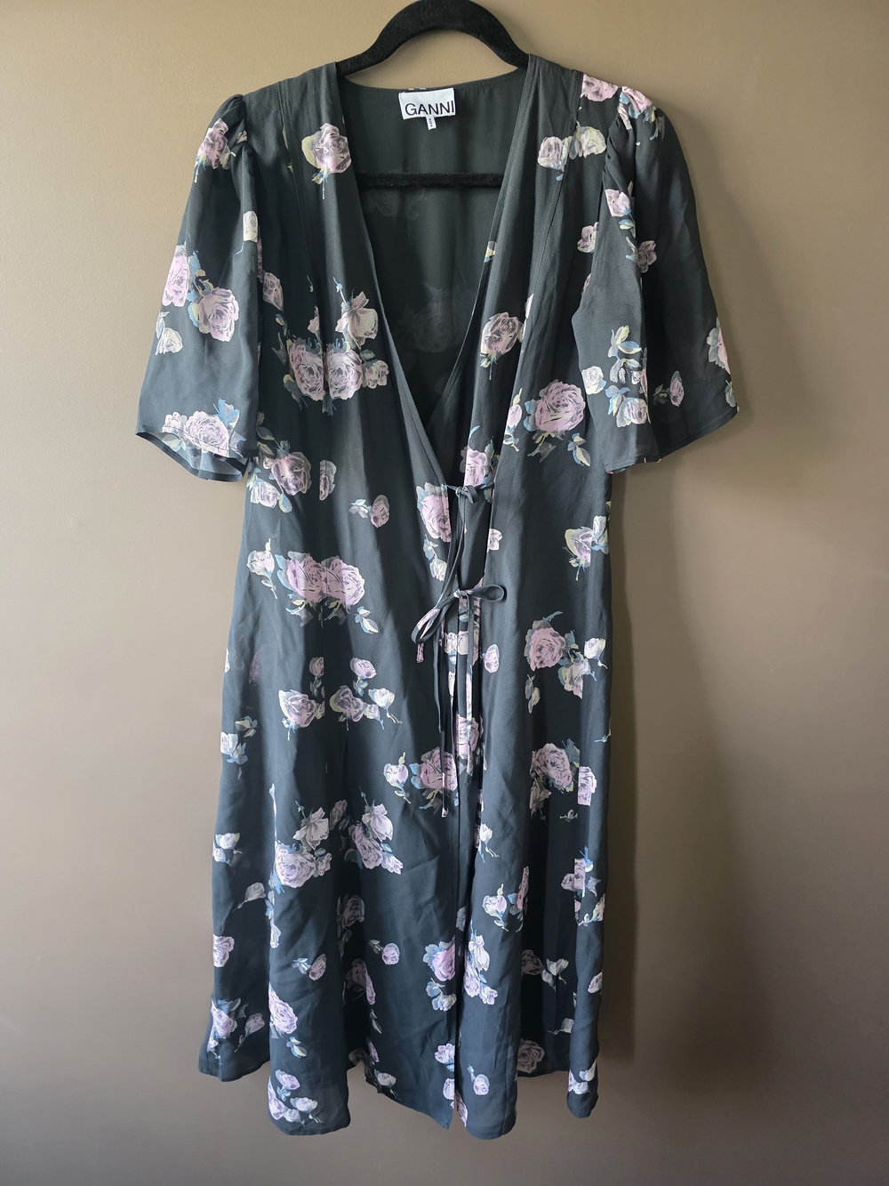 GANNI Green Floral Wrap Dress with Pink Rose Print